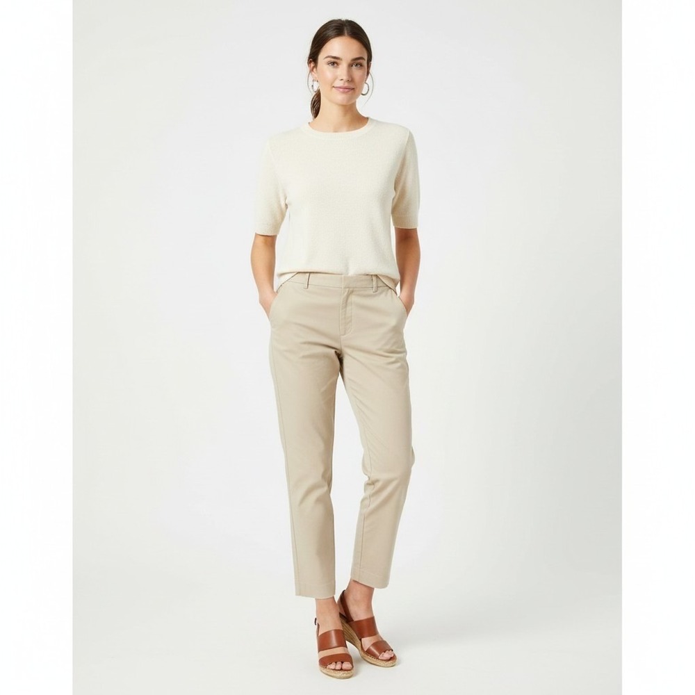 LL BEAN 12P Women's Hidden Stretch Waist Ankle Chinos Pants Ecru Straight Leg